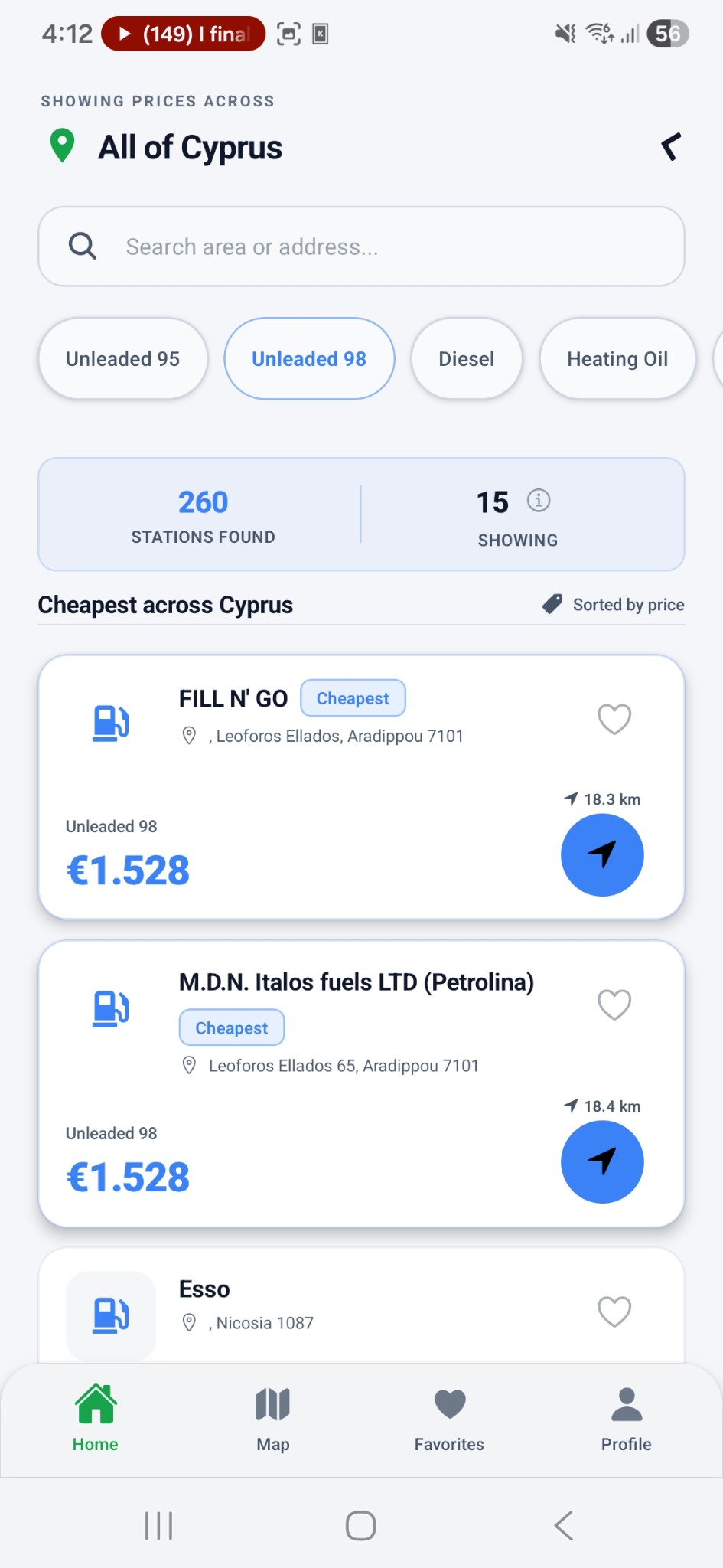 FuelHub all-Cyprus Unleaded 98 comparison