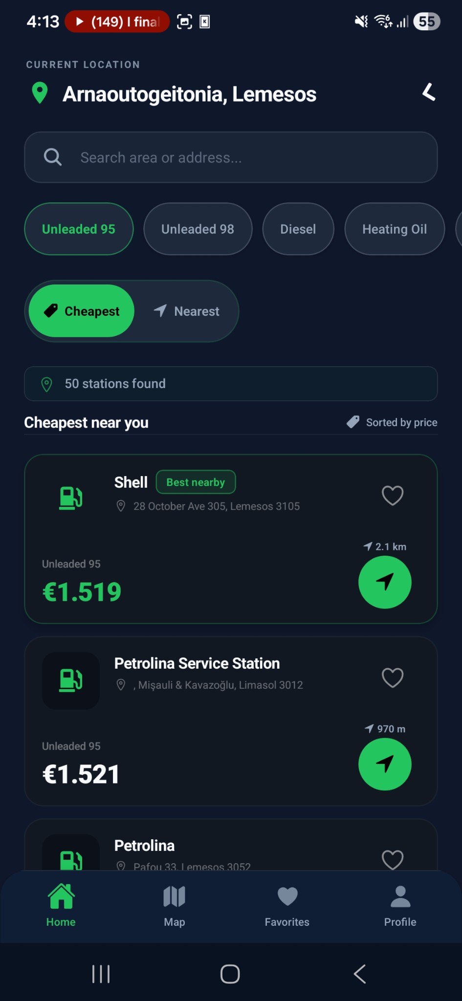 FuelHub showing cheapest stations with favorites