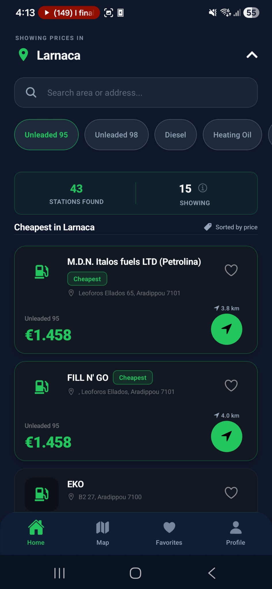 FuelHub — cheapest Diesel in Limassol dark mode