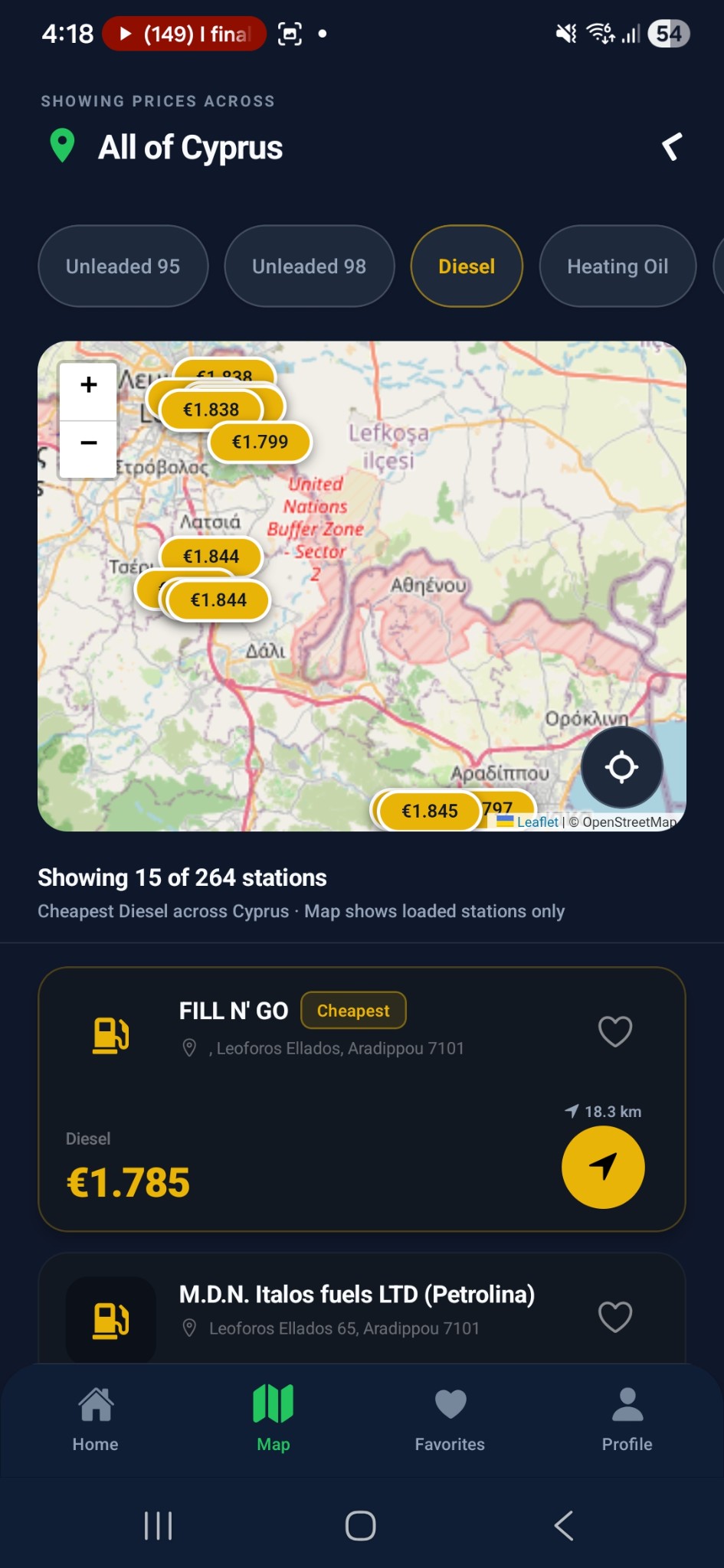 FuelHub map view — Diesel prices across all of Cyprus