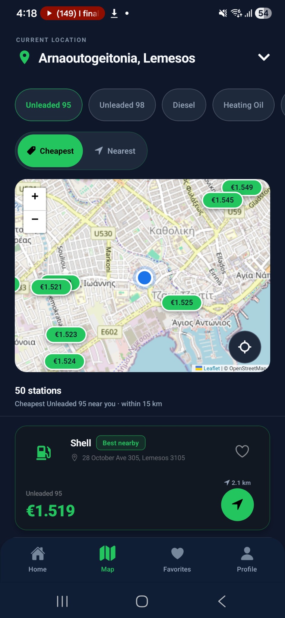 FuelHub map view — Unleaded 95 prices on the map